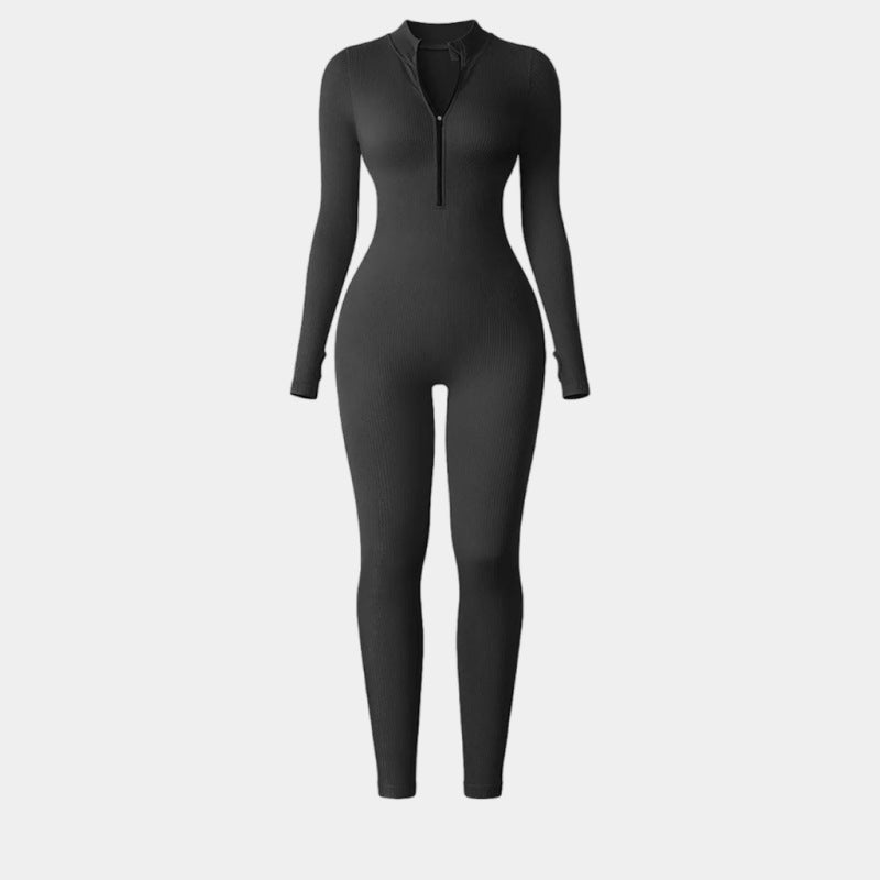 Sleek and Women s Half Zip Bodysuit Jumpsuit with Thumb Holes Long Sleeves and Lifting Design for Chic Casual or Workout Wear