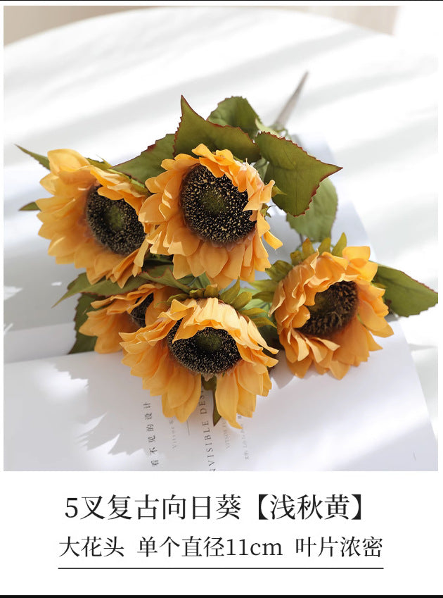 Vibrant 5-Pronged Sunflower Bouquet - Lifelike Decorative Flowers for Home Living Room Decor, Perfect for Photoshoots and Lasting Beauty