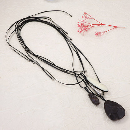 Stylish Vintage-Inspired Multi-Layer Leather and Geometric Resin Necklace for Women - Unique CCB Pendant Jewelry