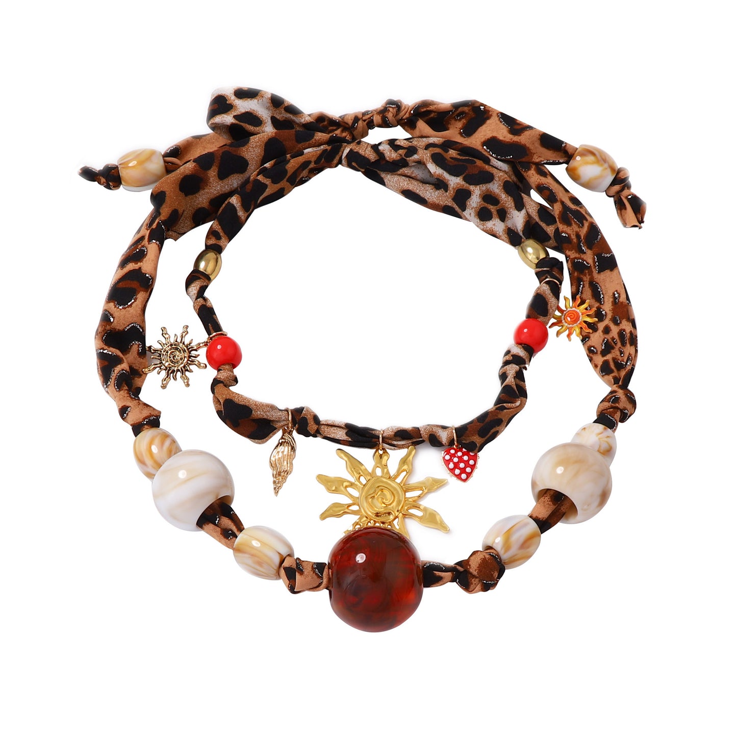 Stylish Personalized Leopard Print Geometric Double-Layer Statement Necklace with Oversized Transparent Beaded Pendant for Women