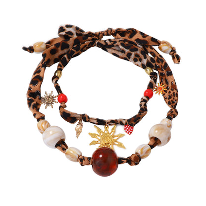 Stylish Personalized Leopard Print Geometric Double-Layer Statement Necklace with Oversized Transparent Beaded Pendant for Women