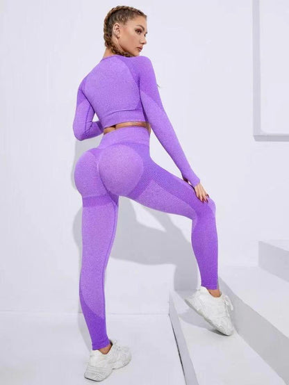 Seamless Fall Winter Peach Lift Leggings and Long Sleeve Top 2 Piece Yoga Set for Running Fitness and Workout Enthusiasts