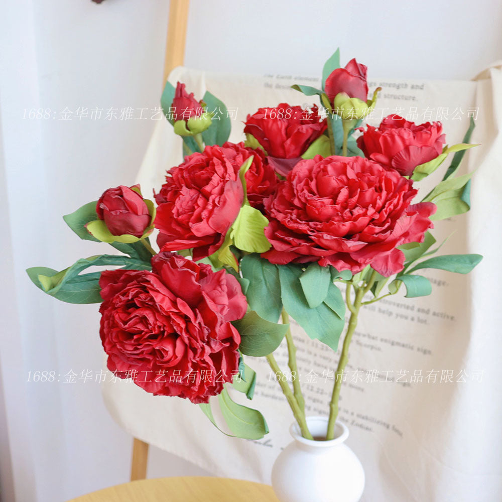 Stunning 3-Head Realistic Faux Peony and Begonia Floral Arrangement - Luxurious Silk Flower Décor for Living Room, Weddings, and Events