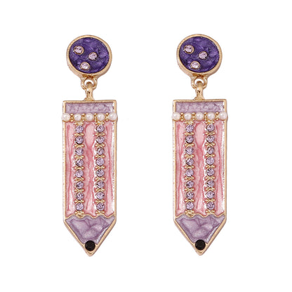 Cute Back-to-School Enamel Pencil Earrings with Rhinestones - Trendy Jewelry for Girls and Women - Perfect Accessory for School Spirit and Fashion