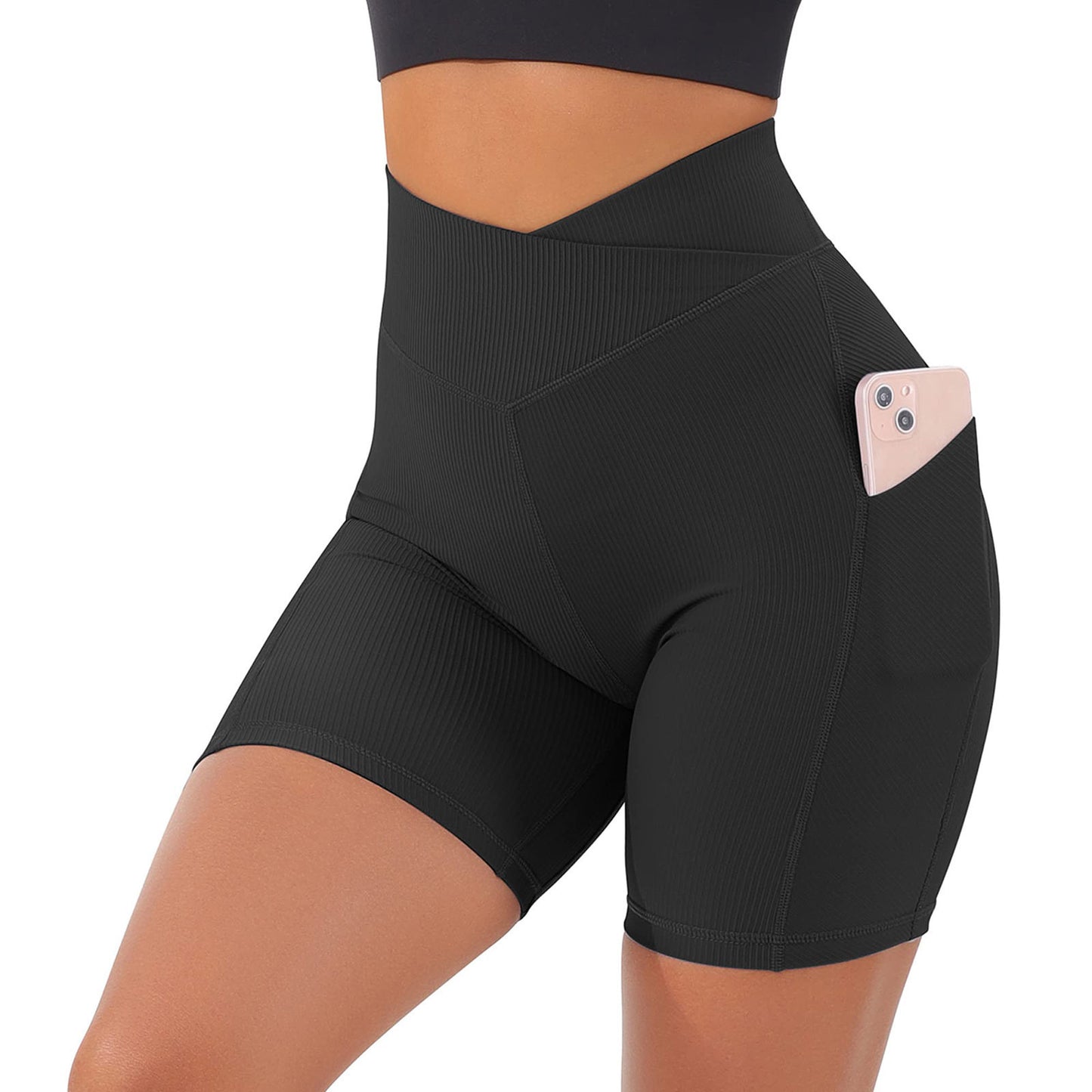 High Performance Women's Athletic Shorts with Pockets Butt Lifting Cross Waist Ribbed Yoga Shorts for an Active Lifestyle