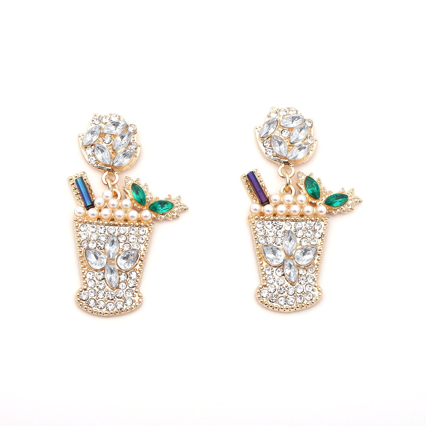 Chic Geometric Design Cold Drink Cocktail Cup Earrings – Alloy with Dazzling Diamonds and Elegant Pearls