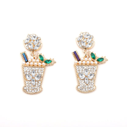 Chic Geometric Design Cold Drink Cocktail Cup Earrings – Alloy with Dazzling Diamonds and Elegant Pearls