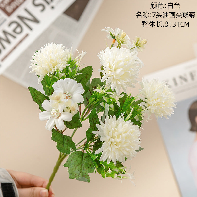 7-Head Artistic Oil Painting Ball Chrysanthemum Home Decor - INS Style Faux Flowers for Wedding and Celebration - Model MW81003