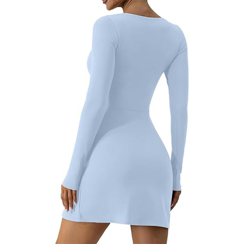 Women's Long Sleeve Mini Bodycon Dress with Heart Shaped Neckline Side Slit and Built In Shorts for Yoga and Activewear