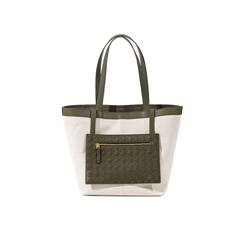 Chic Color Blocked Canvas Tote Bag Spacious Woven Shoulder Bag for Commuters Featuring Leather Accents for Women