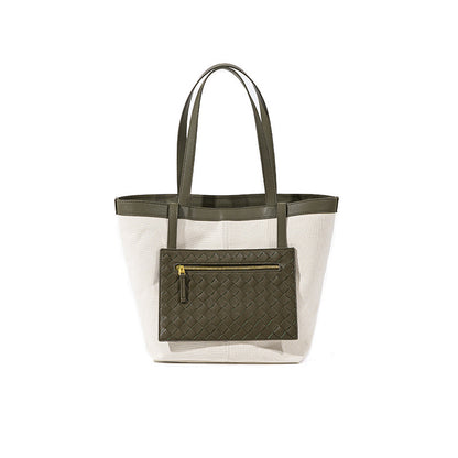 Chic Color Blocked Canvas Tote Bag Spacious Woven Shoulder Bag for Commuters Featuring Leather Accents for Women