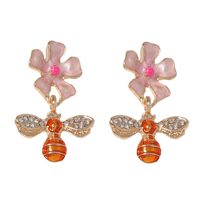 Chic Minimalist Bee and Flower Drop Earrings with Sparkling Rhinestones - Trendy and Unique Floral Jewelry for Women
