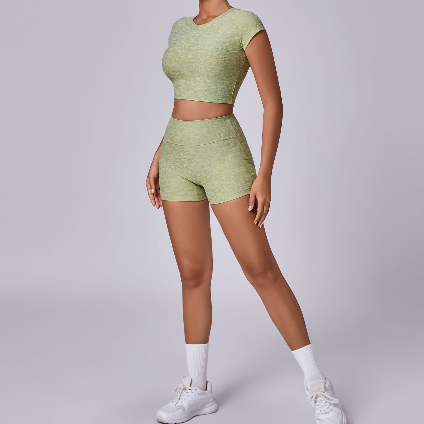 High Waisted Short Sleeve and Short Yoga Set for Women Stretchy Body Hugging Butt Lifting Fitness Outfit for Running and Gym Workouts