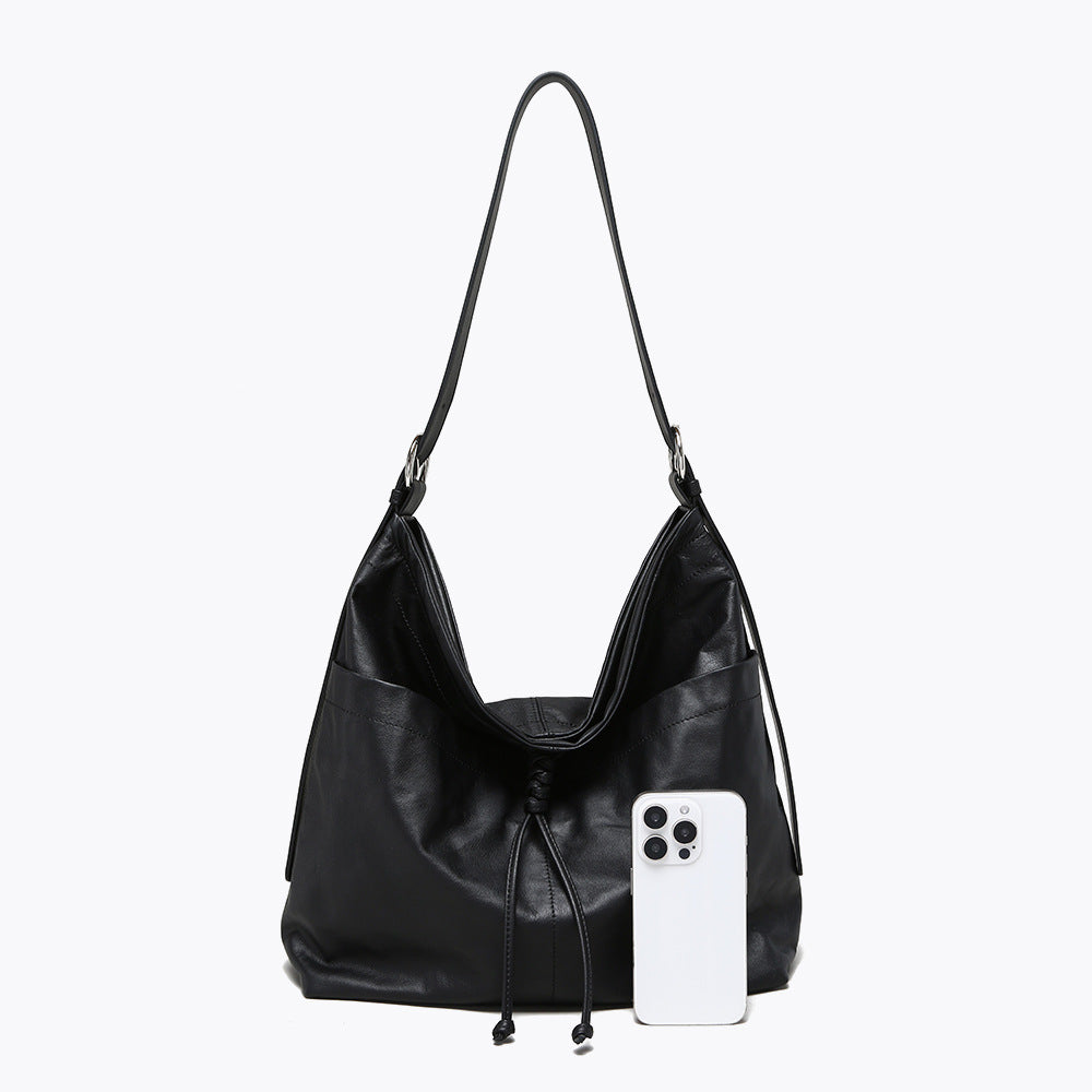 Luxurious Lazy Chic Genuine Leather Tote Bag with Bow Tassel Spacious Shoulder Bag for Everyday Use