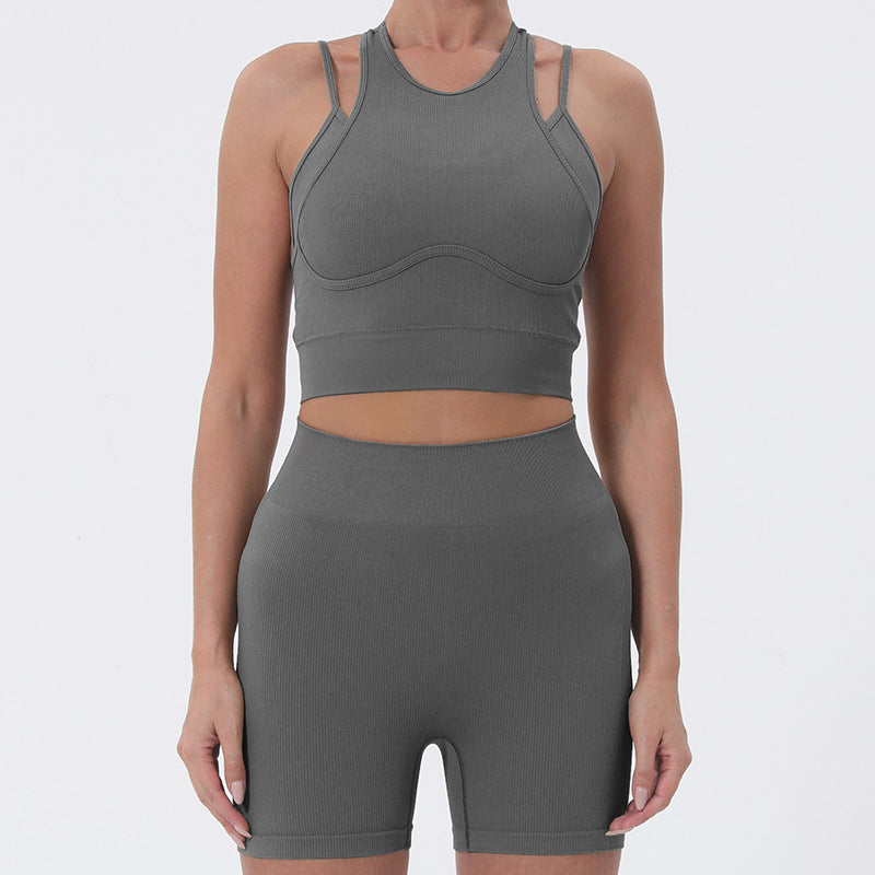 Double Layer Workout Set with Cross Back Design Yoga Outfit with Enhanced Back Support and Butt Lifting Shorts for Comfort and Performance