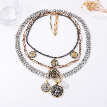 Exaggerated Casual Alloy Geometric Badge Coin Floral Pendant Multi-Layer Chain Necklace for Women - Trendy, Versatile, and Eye-Catching Statement Jewelry