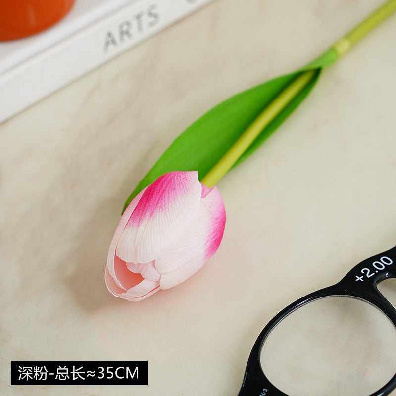 Luxury Short Stem Silk Touch Moisturizing Faux Tulip Flowers - Elegant Home Décor Centerpiece for Living Room and Dining Table