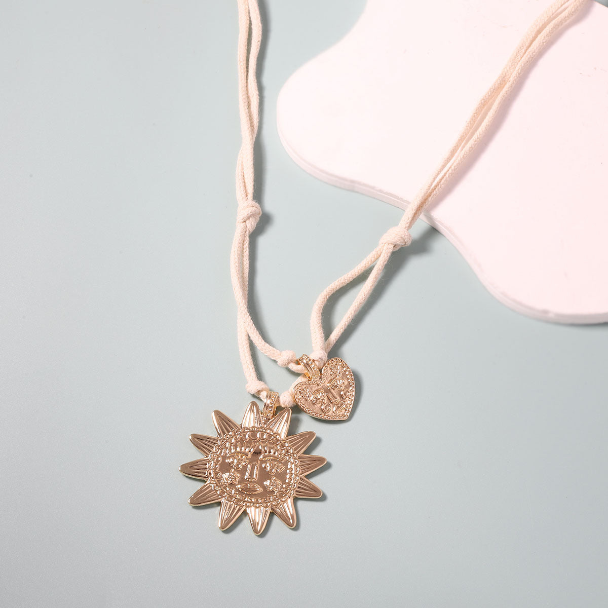 Stylish Casual Alloy Heart-Shaped Sun Pendant Necklace - Long Layered Design for Effortless Versatility