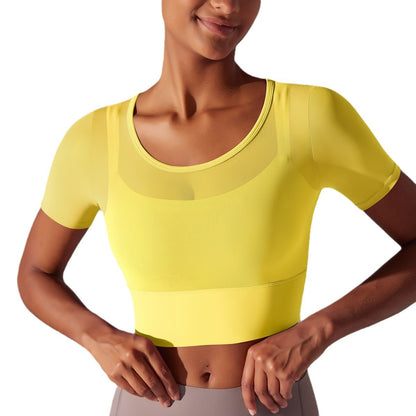 Classic Layered Mesh Sports Bra with Double Sleeves for Running Fitness and Yoga