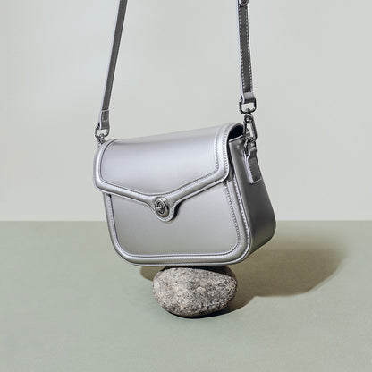 Chic Korean Inspired Designer Tofu Bag Fashionable Silver Lock Closure Real Leather Shoulder and Crossbody Purse for Women