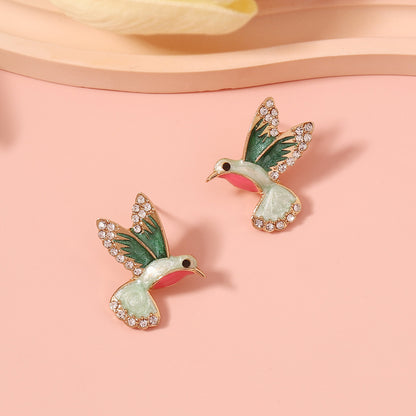 Elegant Vintage Style Enamel Bird Drop Earrings for Women - Unique Alloy Design with Sparkling Rhinestones