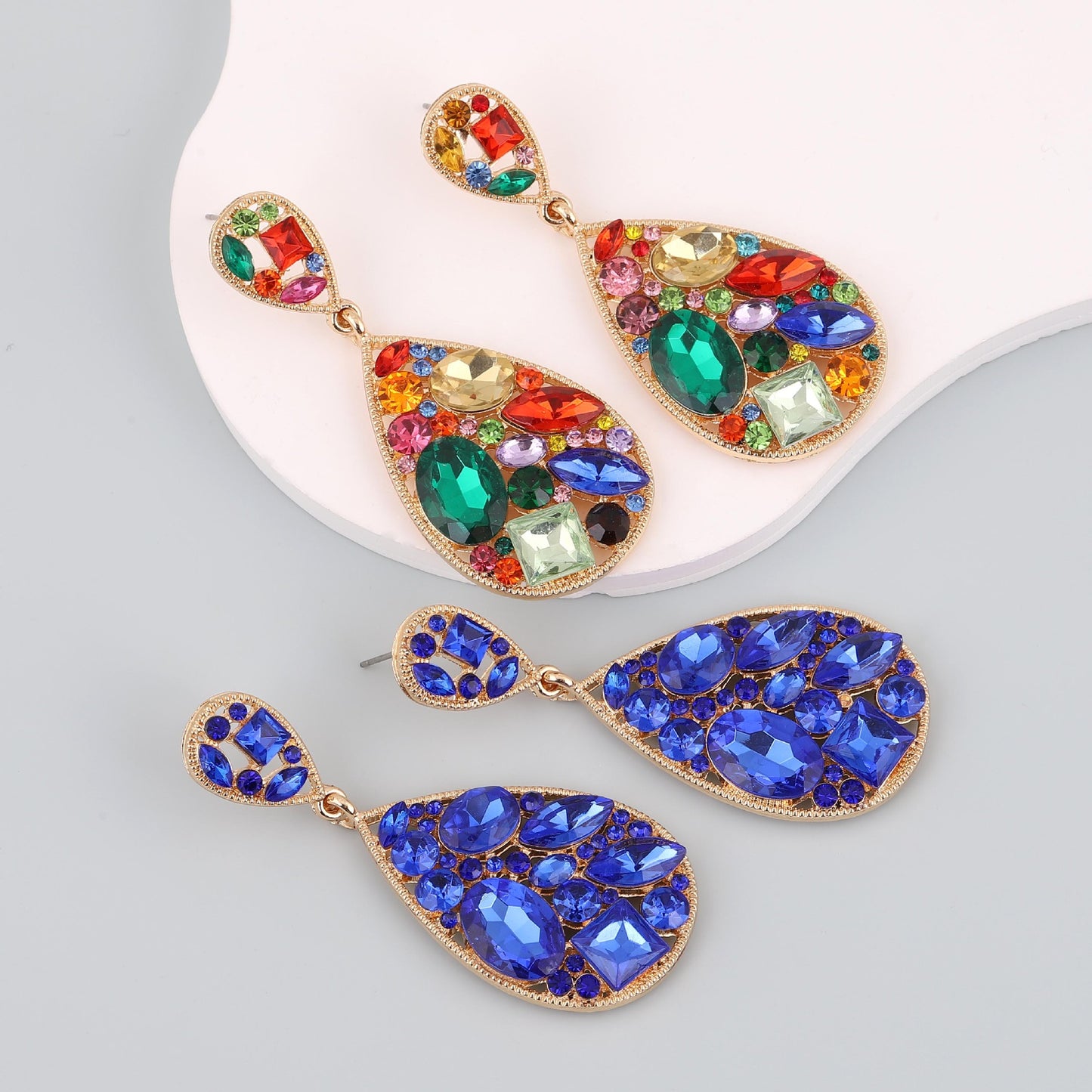 Trendy Creative Alloy Earrings with Colorful Rhinestones - Exaggerated Hollow Design for Unique and Stylish Women's Fashion Accessories