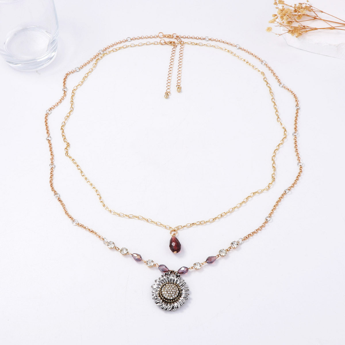 Bohemian-Inspired Vintage Geometric Alloy Sunflower Pendant Necklace with Double Layer Chain for Women - Unique, Stylish, and Perfect for Everyday Wear