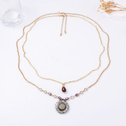 Bohemian-Inspired Vintage Geometric Alloy Sunflower Pendant Necklace with Double Layer Chain for Women - Unique, Stylish, and Perfect for Everyday Wear