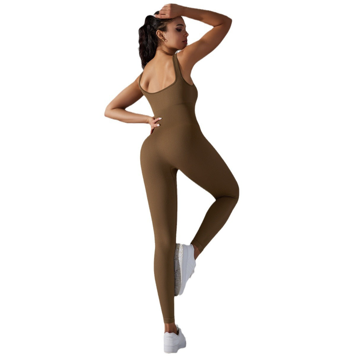 Seamless Knitted Crew Neck Yoga Jumpsuit Ribbed Solid Color Bodysuit for Women Activewear Fitness and Comfort in One