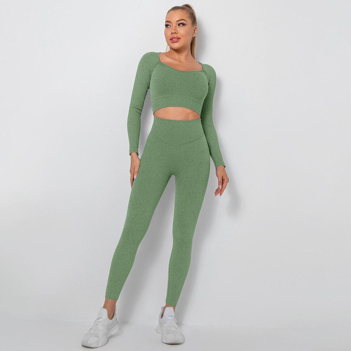 Seamless Yoga Outfit Set for Women Sweat Wicking High Waisted Leggings Long Sleeve Sport Top for Peachy and Comfort in Every Workout