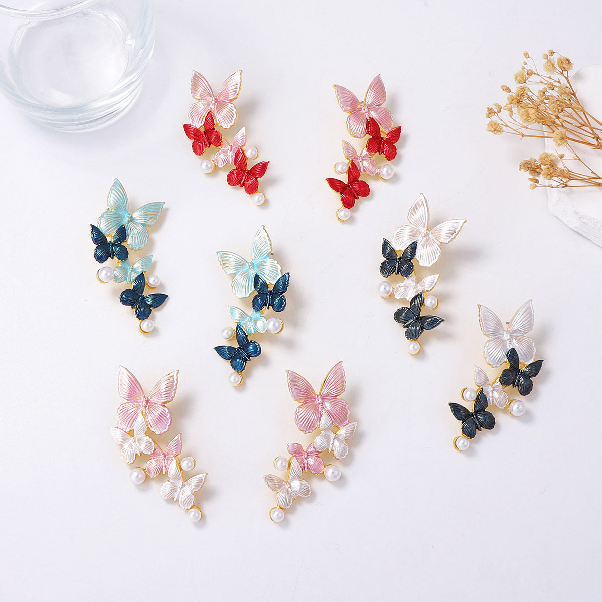 Chic Minimalist Alloy Thin-Coated Color Block Faux Pearl Butterfly Stud Earrings - Elegant Everyday Jewelry for Women