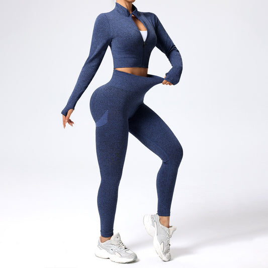 Women's Long Sleeve Zip Up Yoga Set for Fall Winter Outdoor Fitness with Stand Up Collar