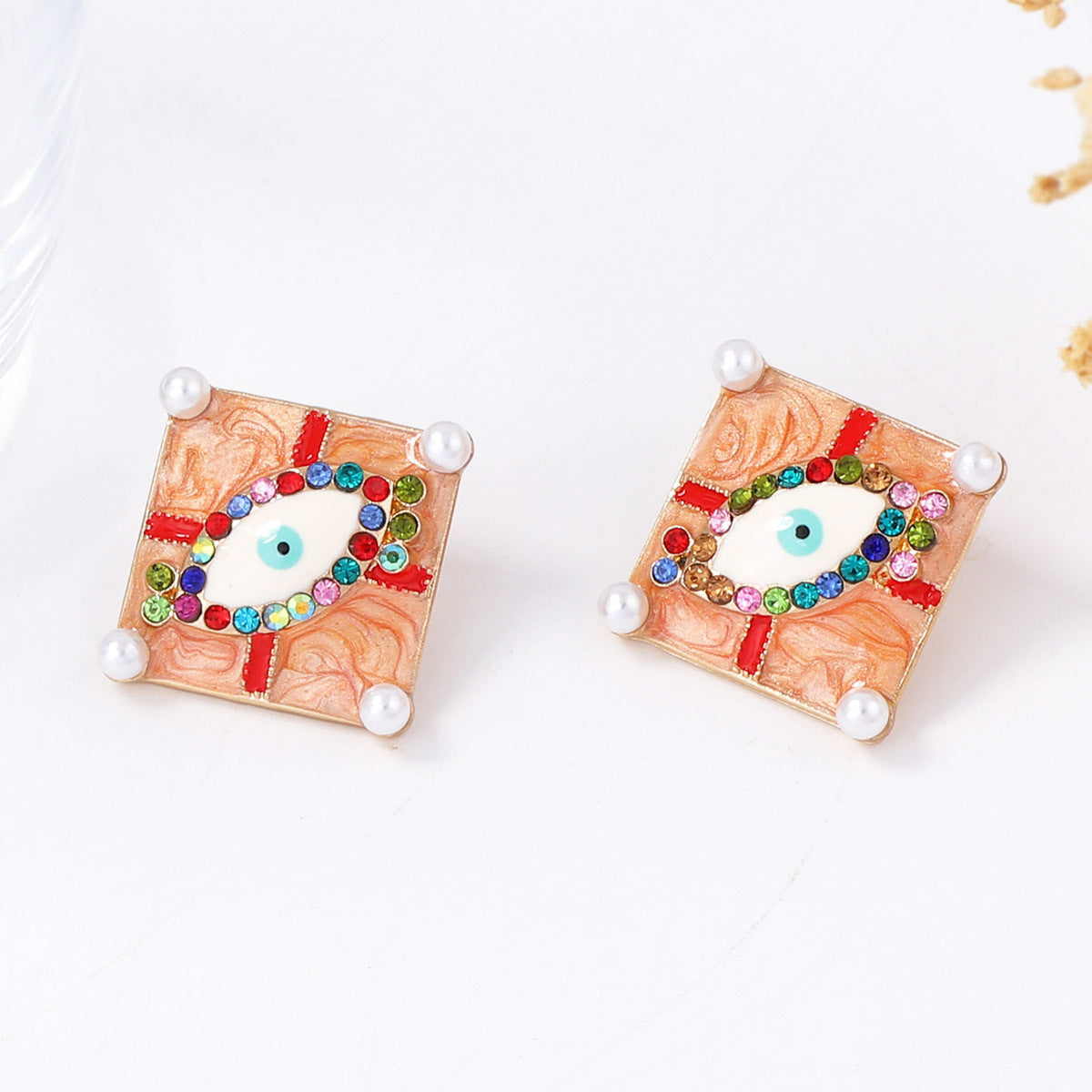 Minimalist Halloween Alloy Drip Oil Zircon Gemstone Devil Eye Geometric Square Stud Earrings - Unique Design for Spooky Style