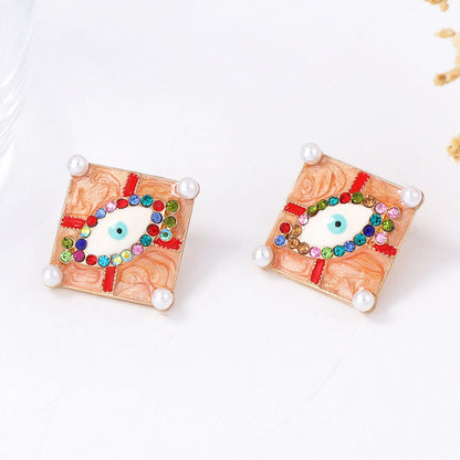 Minimalist Halloween Alloy Drip Oil Zircon Gemstone Devil Eye Geometric Square Stud Earrings - Unique Design for Spooky Style