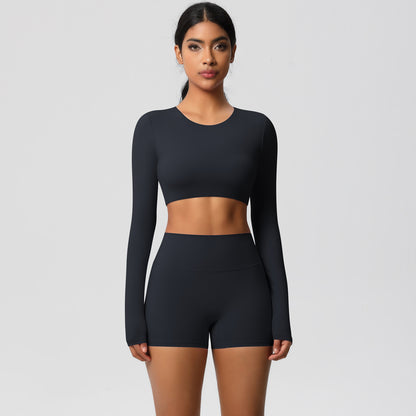 Fitted Long Sleeve Yoga and Pilates Set with Moisture Wicking Compression Shorts for Running and Intense Workouts