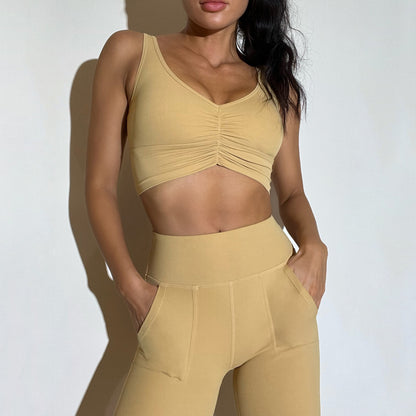 Women s High Waisted Yoga Set Firming Ruching Sports Bra with Anti Shock Support Side Pockets for Comfort and Lift