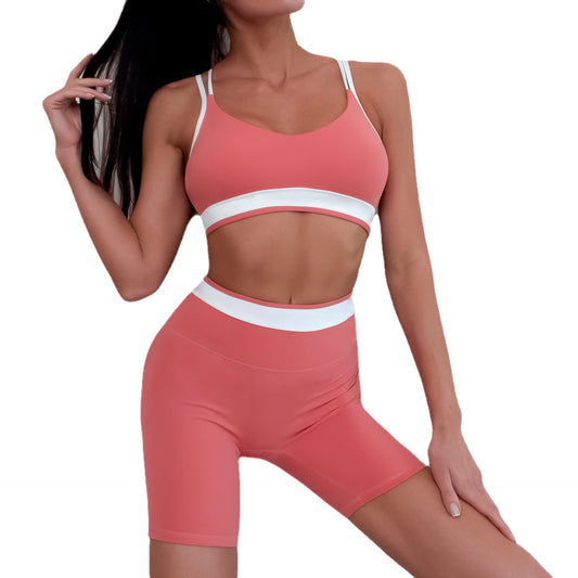 Double Brushed Fabric Sporty Women's Color Block Crossback Yoga Bra Fitness Shorts Set Comfortable and for Every Workout