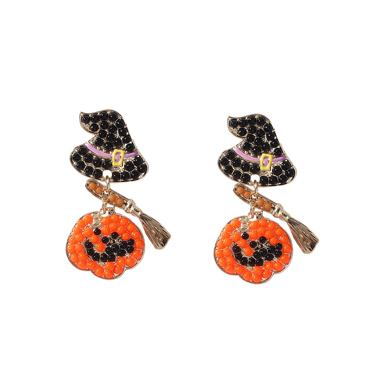Trendy Halloween Creative Niche Design Harry Hat with Broom and Pumpkin Dangle Earrings – Perfectly Versatile Accessories for Spooky Season