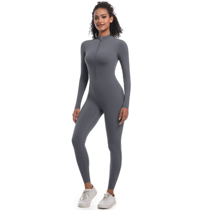 Half Zip Fitted Solid Color High Stretch Long Yoga Jumpsuit for Fitness Running and Active Sports