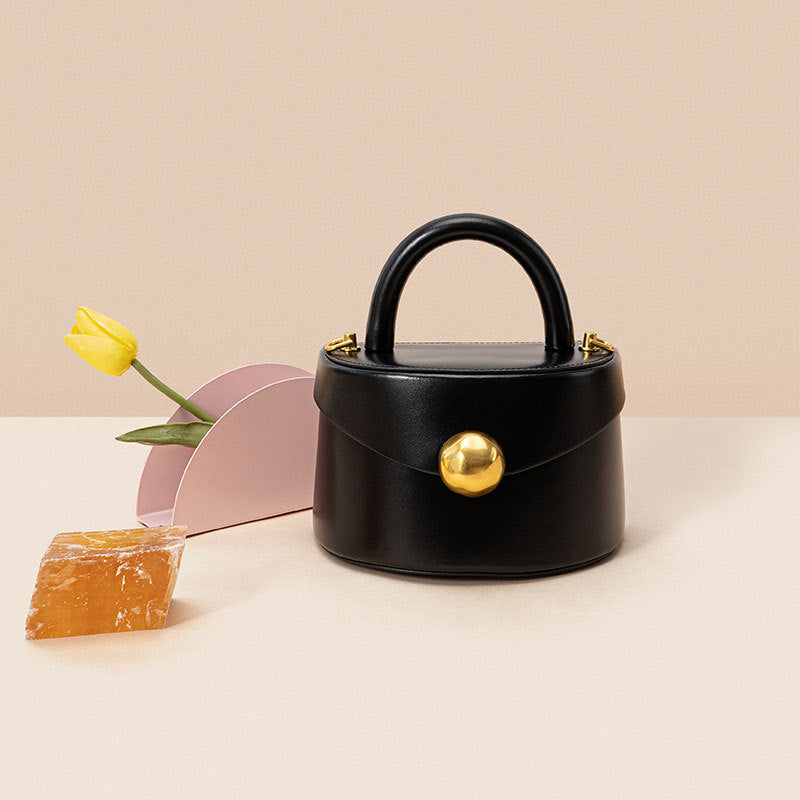 Luxury Genuine Leather Women's Half Round Box Bucket Bag with Elegant Metallic Handle Minimalist 3D Crossbody Purse for Chic Style