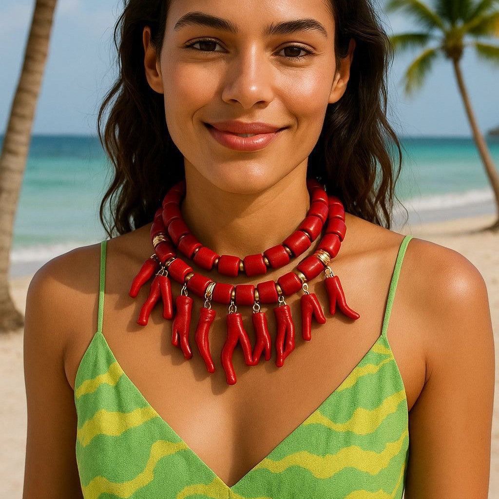 Exaggerated Beach-Inspired Coral Pendant Necklace for Women – Stylish Double Layered Casual Jewelry for Effortless Layering