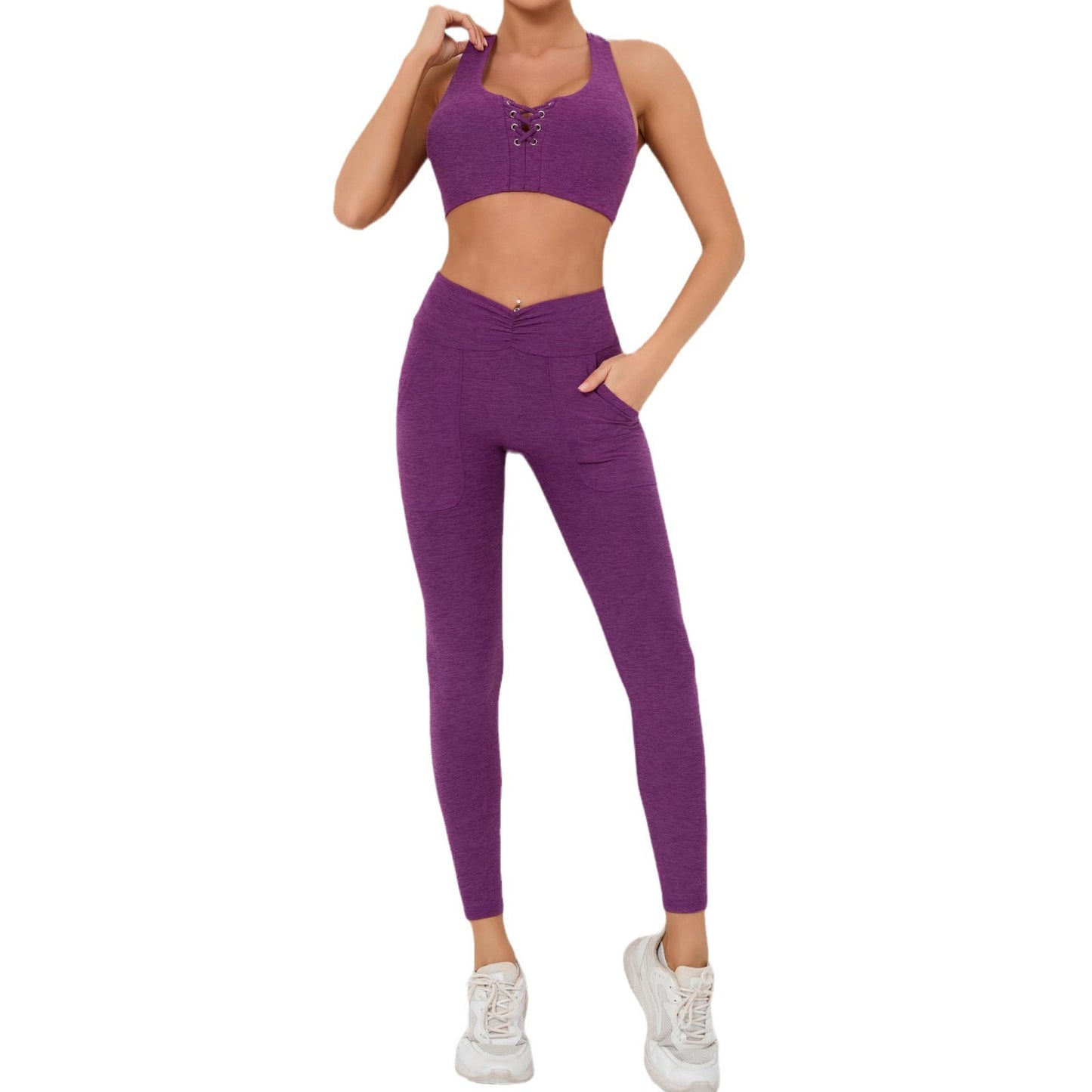 Pocket Sized Slim Fit Fleece Yoga Set Quick Dry Fitness Wear with Ruched Front Design for Outdoor Running and Active Sports