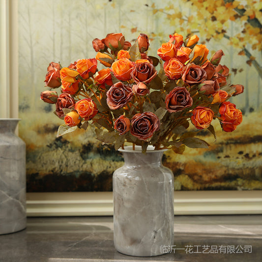 Realistic Faux Autumn-Colored Mini Roses - Nordic Vintage Minimalist Home Decor Floral Arrangement for Indoor Decorative Accents