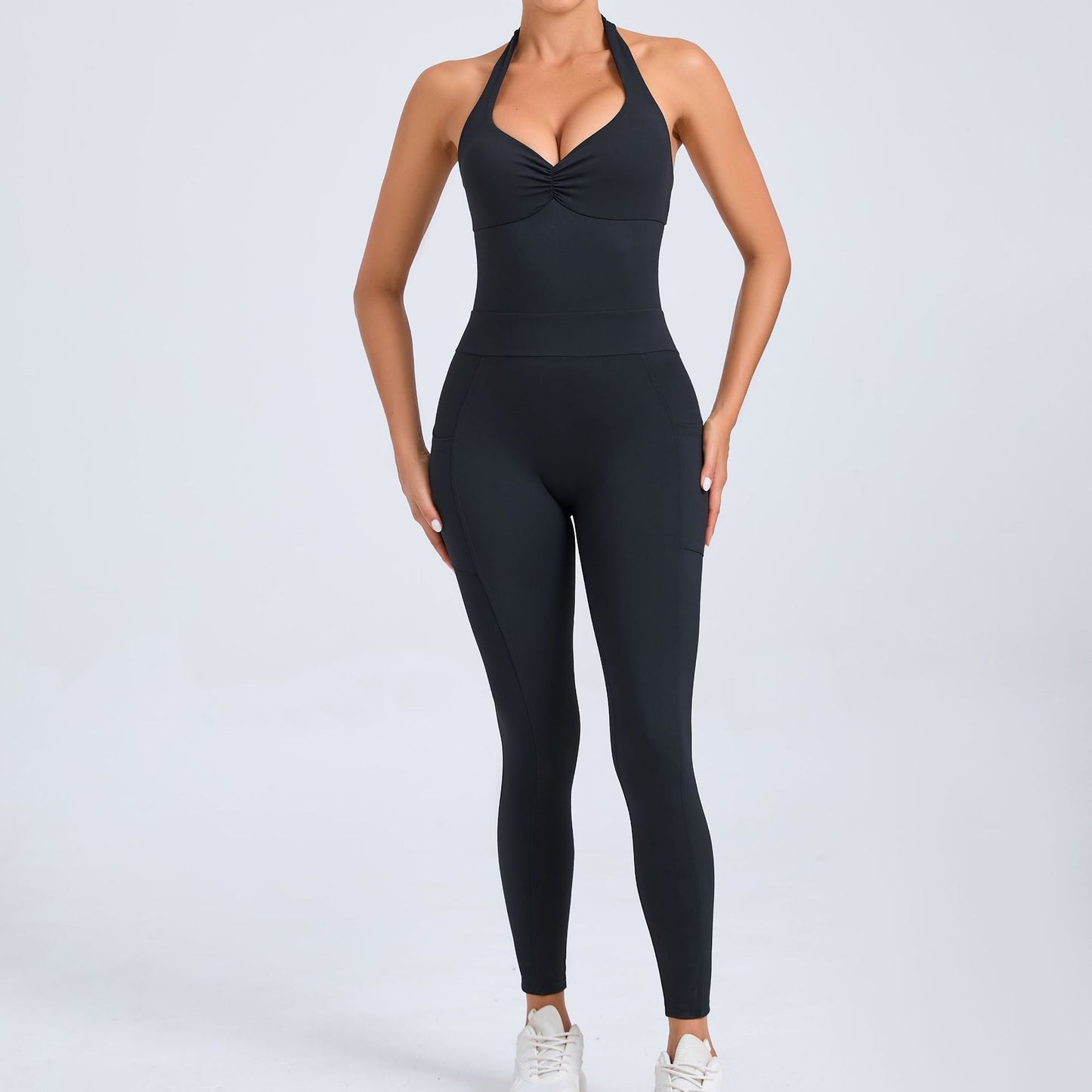 Backless Yoga Jumpsuit for Women Adjustable Neck Design with Side Pockets for Dance and Fitness