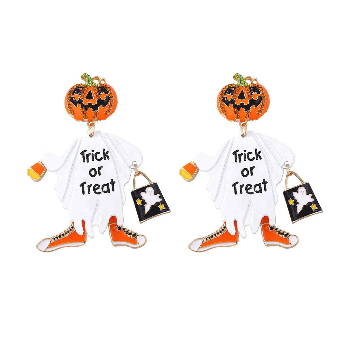 Whimsical Halloween Pumpkin Head Earrings – Unique Alloy Design with Dazzling Zircon Stones for a Fun and Festive Look