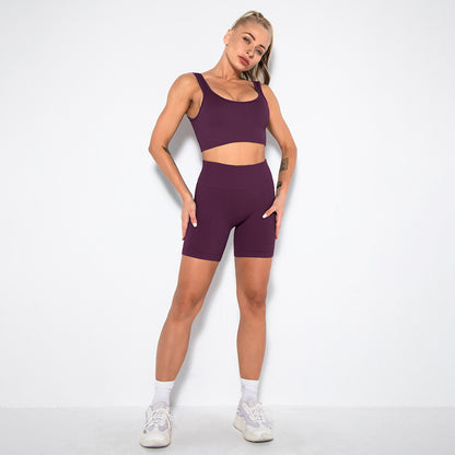 Seamless Knitted Short Sleeve Yoga Set Comfortable and Yoga Outfit with Breathable Shorts for Flexibility and Performance