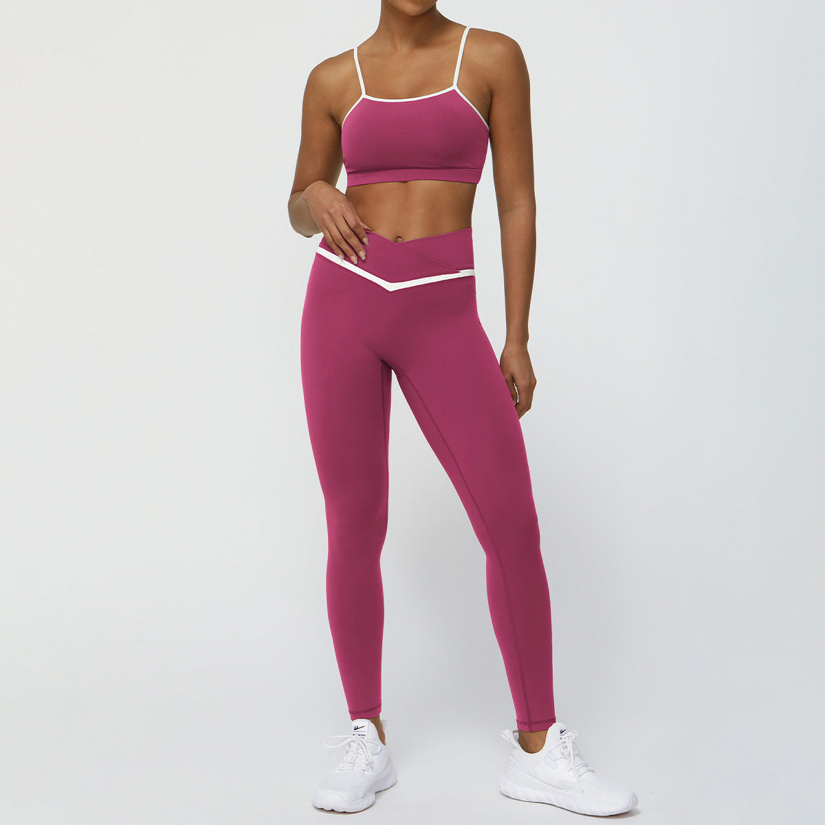 Color Contrast Yoga Set with Sleek Strappy Sports Bra and Cross V Waist Leggings for Fitness Enthusiasts and Active Lifestyles