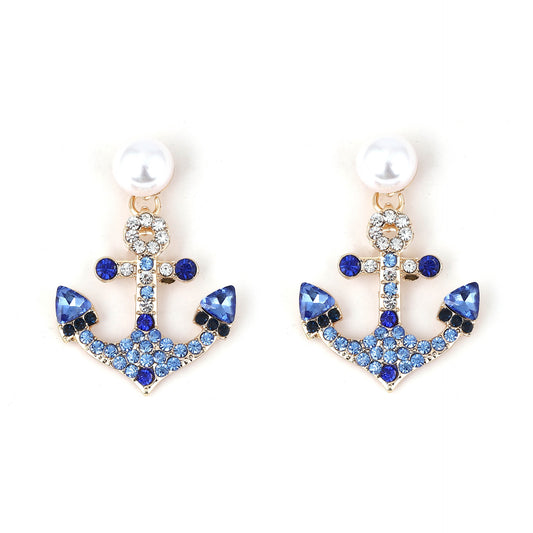 Chic Vintage-Inspired Geometric Anchor Pearl Earrings for Women - Alloy with Colorful Rhinestones and Full Diamond Detailing