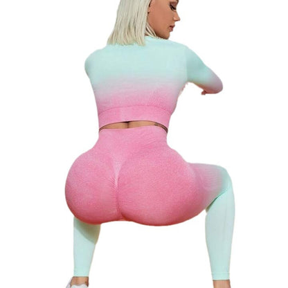 Seamless Gradient Dip Dye Yoga Set with Long Sleeve Top and Peach Butt Lifting Leggings Activewear for Comfort and Style