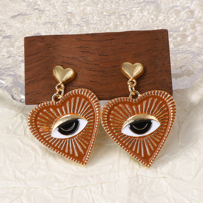 Exaggerated Alloy Dripping Oil Deep Red Heart Shaped Evil Eye Earrings for Women with Unique Textured Design – Perfect for Halloween and Beyond